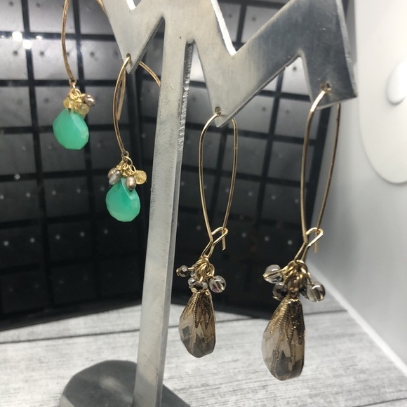 Bundle 2 stone and crystal trendy statement long wire hook earrings dangle drop. - Picture 5 of 7